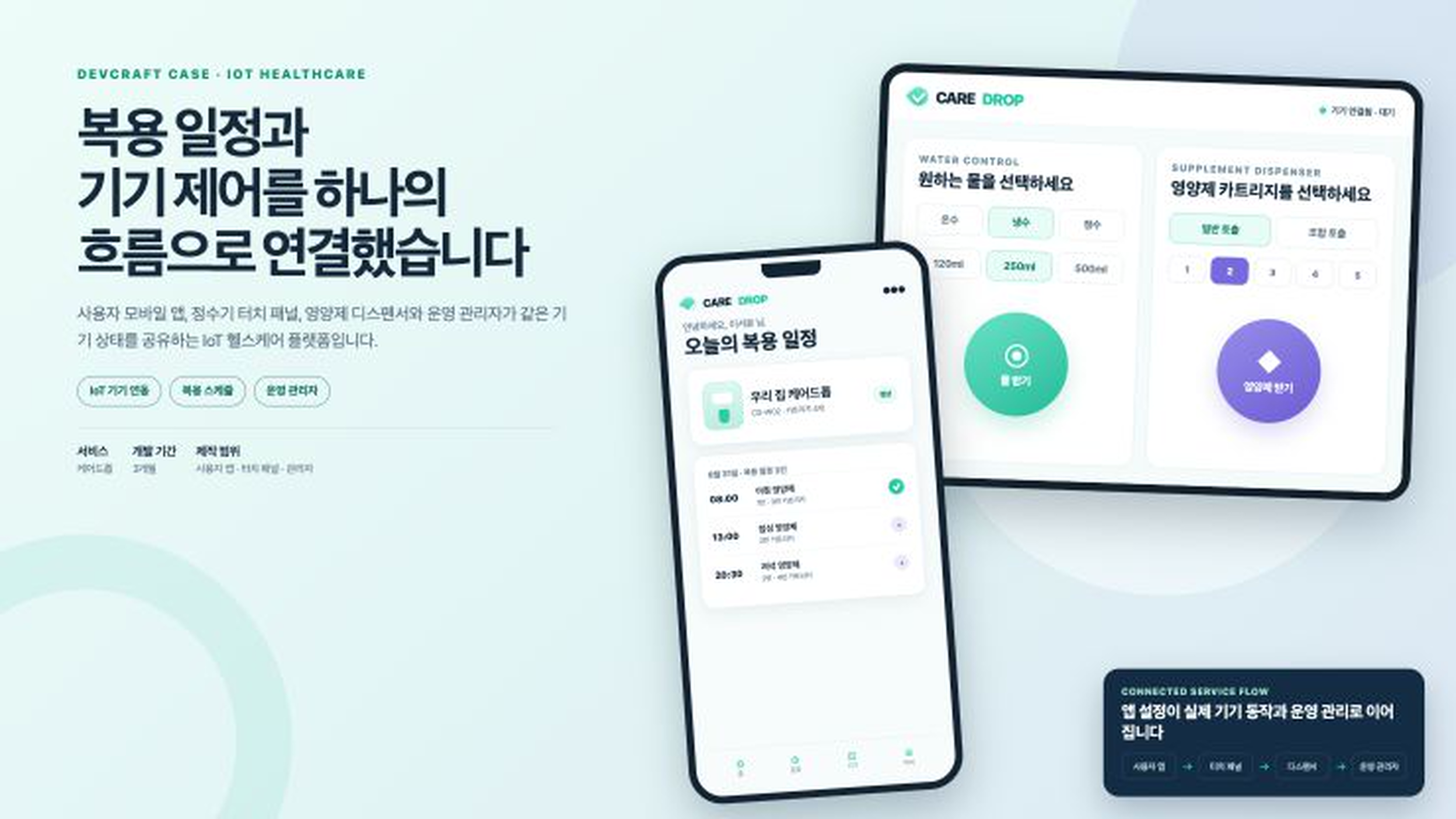 케어드롭 모바일 앱과 정수기 터치 패널을 연결한 IoT 헬스케어 서비스 화면