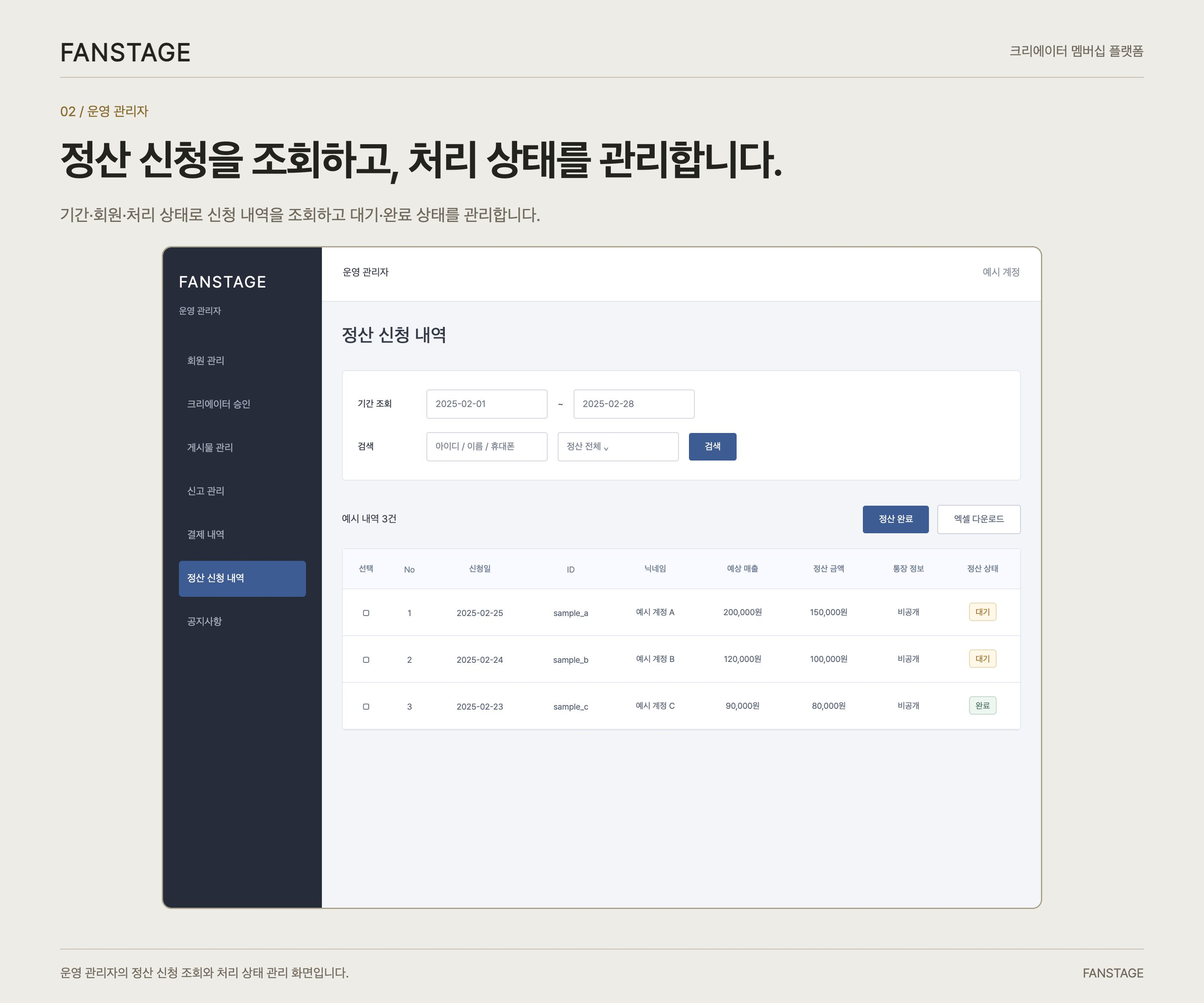 팬스테이지 운영 관리자 정산 신청 조회와 처리 상태 관리 화면