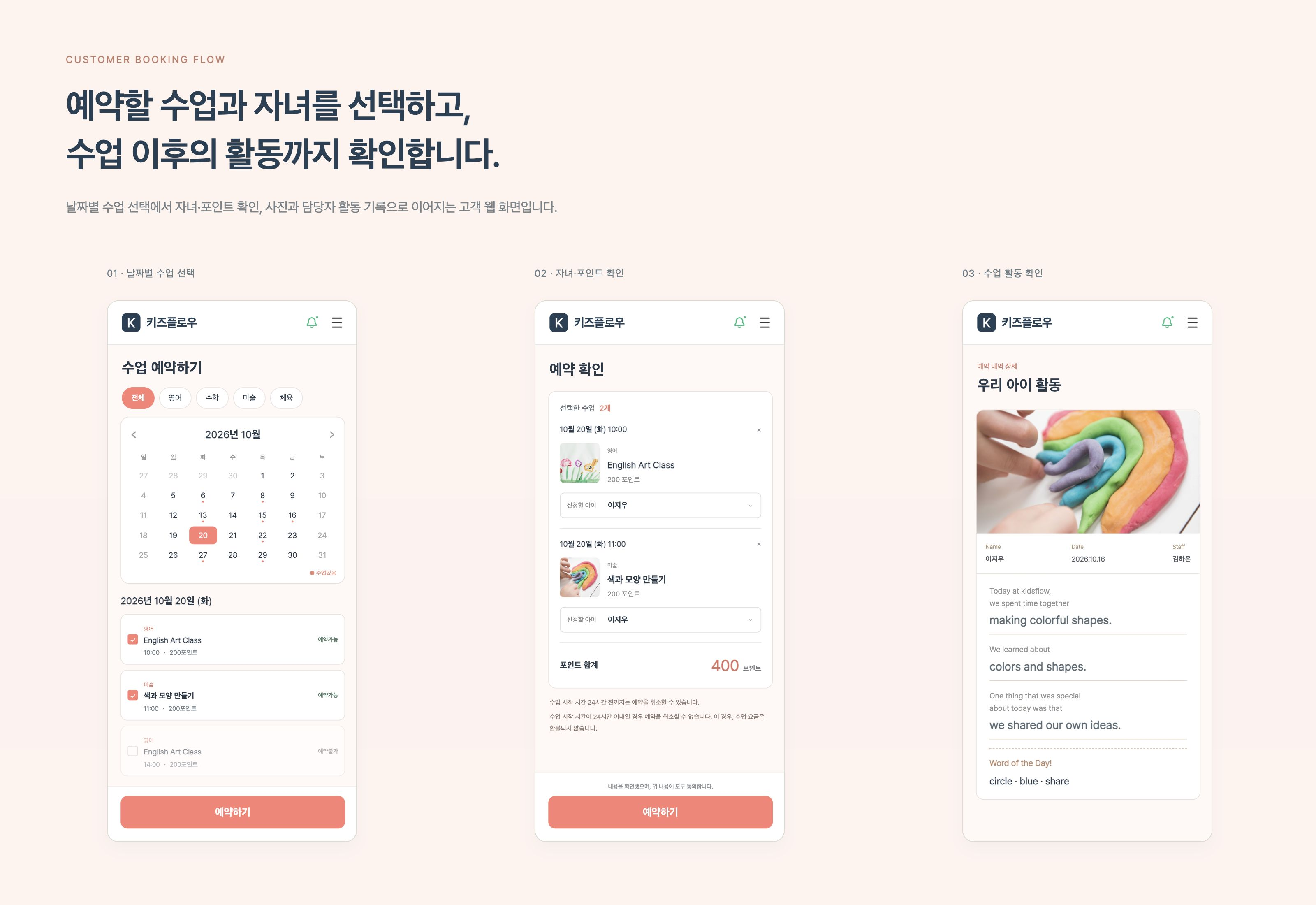 키즈플로우 날짜별 수업과 자녀·포인트를 선택하고, 예약에 연결된 사진과 담당자 활동 기록을 확인합니다.
