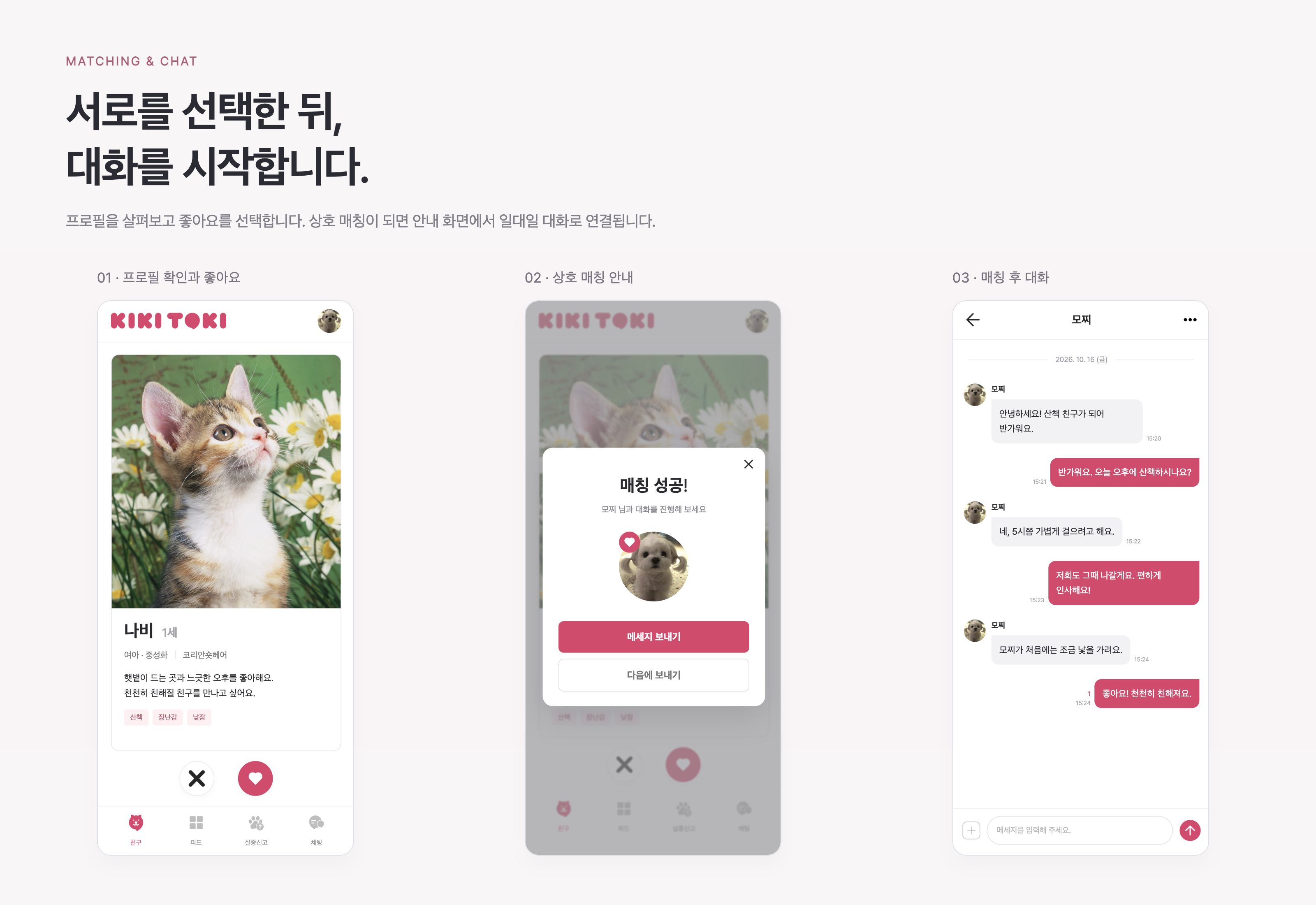 키키토키 프로필 확인과 상호 매칭 안내에서 메시지·미읽음 표시가 있는 대화로 이어집니다.
