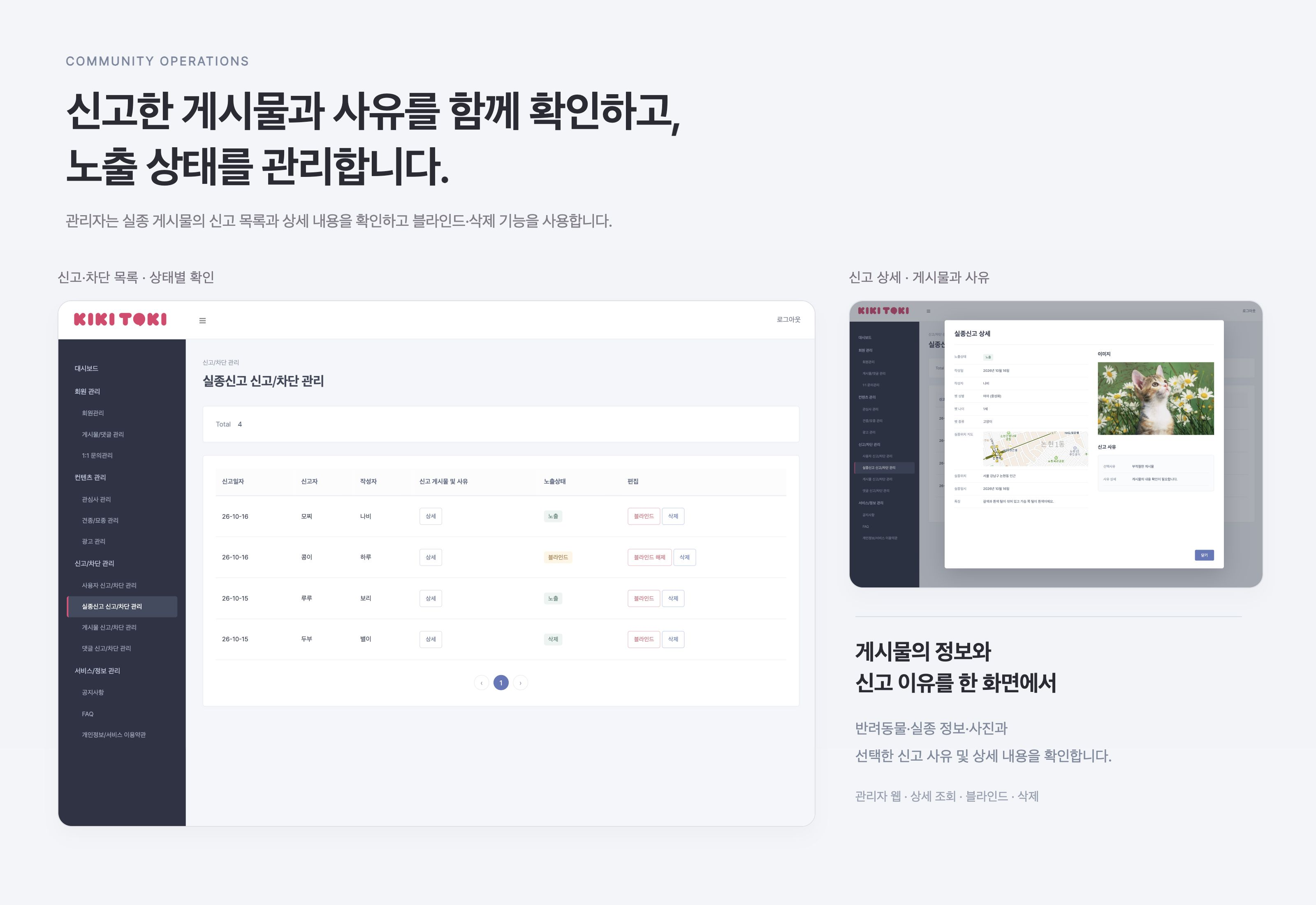 키키토키 관리자가 실종 게시물의 신고 목록·사유·노출 상태를 확인하는 화면입니다.