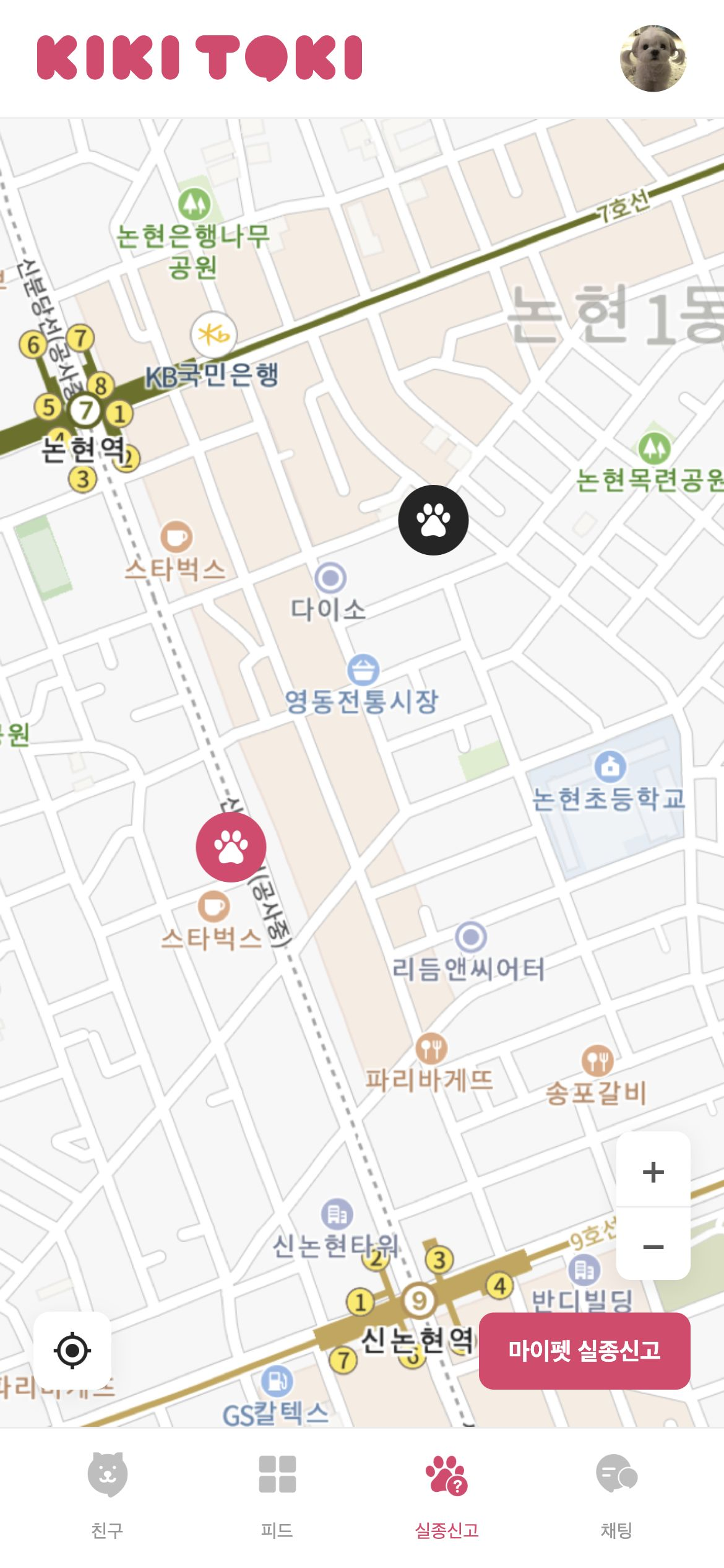 키키토키 지도에 표시된 실종 위치를 확인하고 마커를 선택해 상세로 이동합니다.