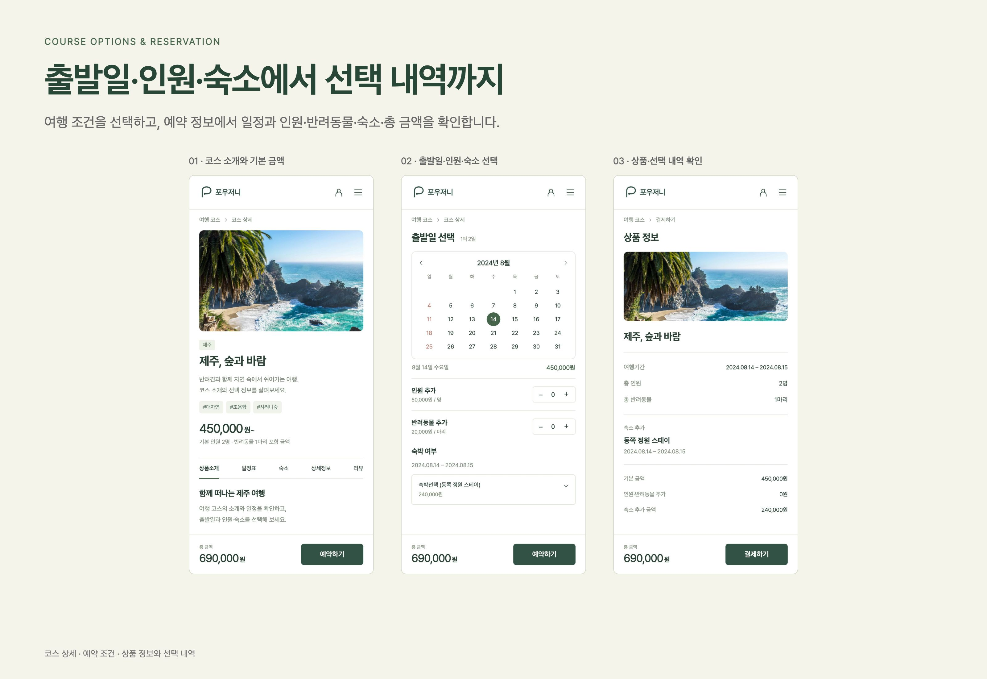포우저니 출발일과 추가 인원·반려동물·숙박 여부를 선택하고 예약 정보와 금액을 확인합니다.