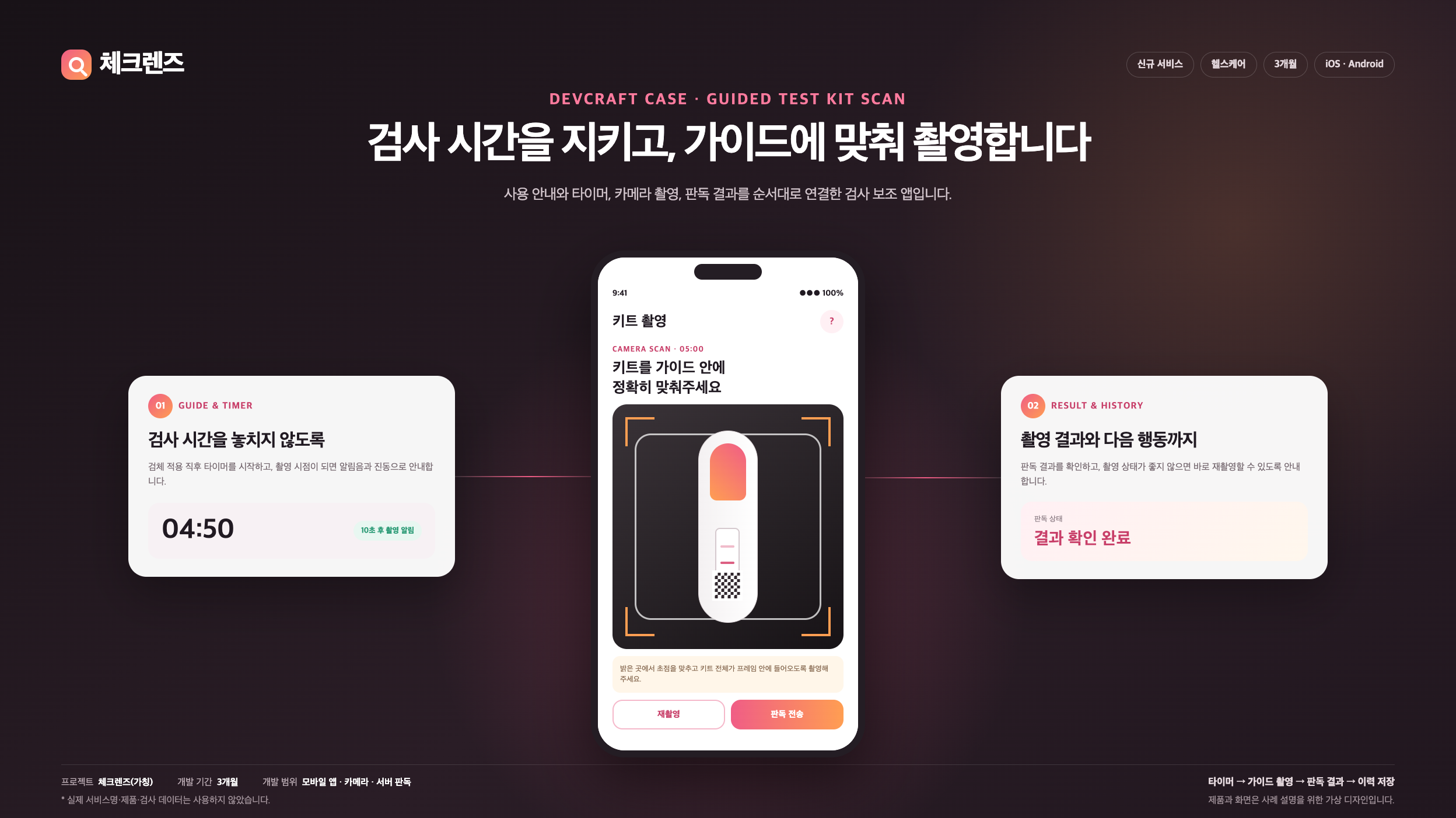 검사 시간 안내와 키트 카메라 촬영, 판독 결과 흐름을 보여주는 체크렌즈 모바일 앱 개발 사례