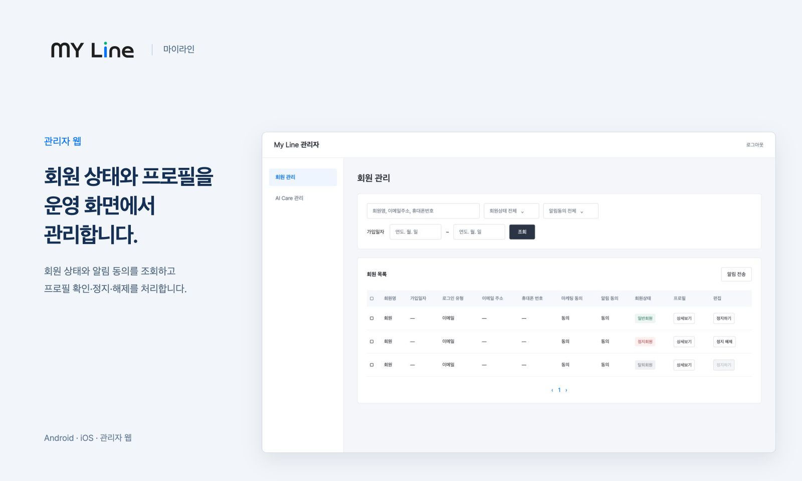 마이라인 회원 검색·상태 조회와 운영 관리 화면을 보여줍니다.
