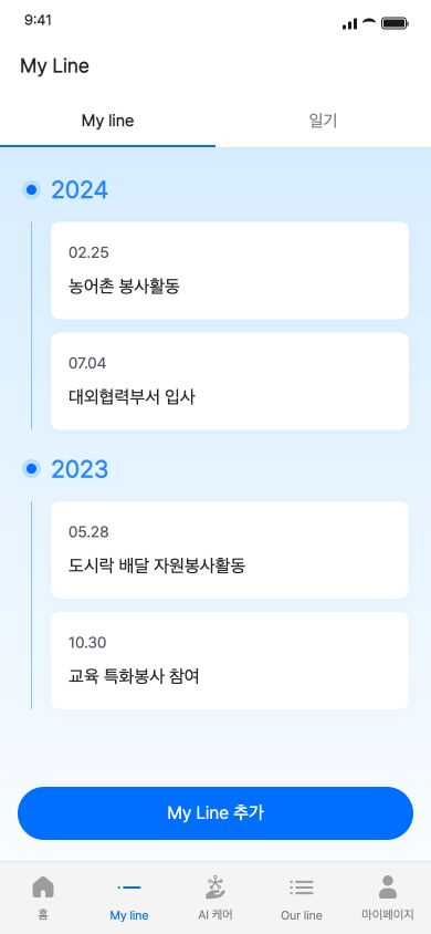 마이라인 연도별 연혁을 확인하고 직접 기록을 추가하거나 일기를 연혁에 연결합니다.